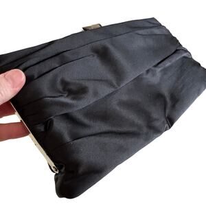 Lulu Townsend black satin evening bag with silvertone chain strap clutch purse